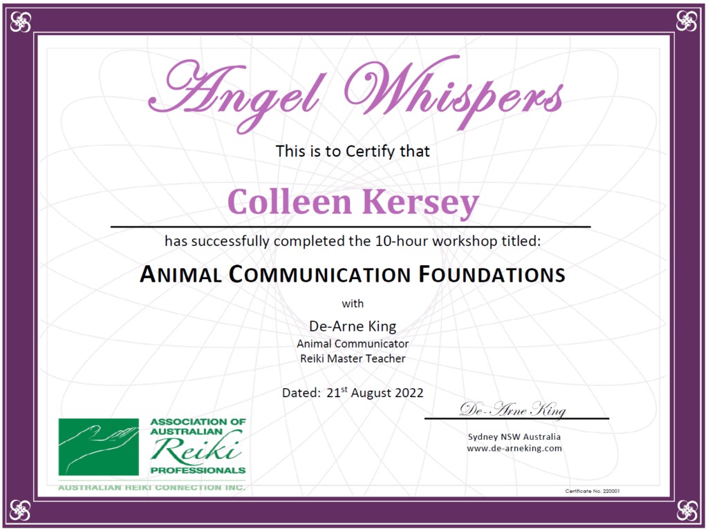 A certificate for 'Animal Communication Foundations' for Colleen Kersey from Angel Whispers