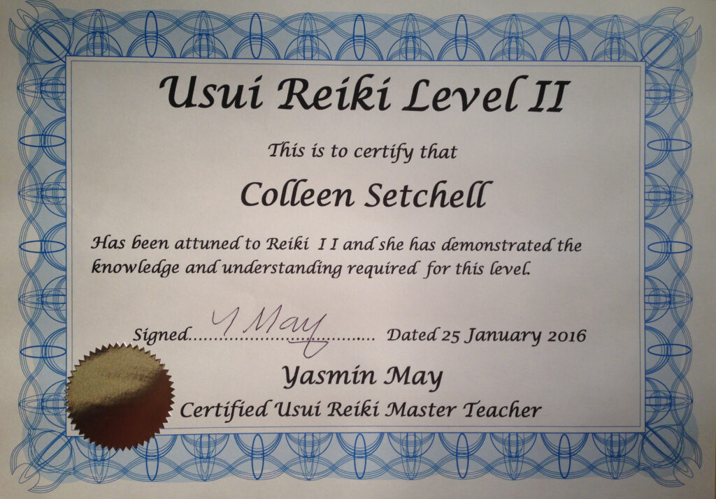 A certificate showing Colleen Kersey as a Reiki Practitioner