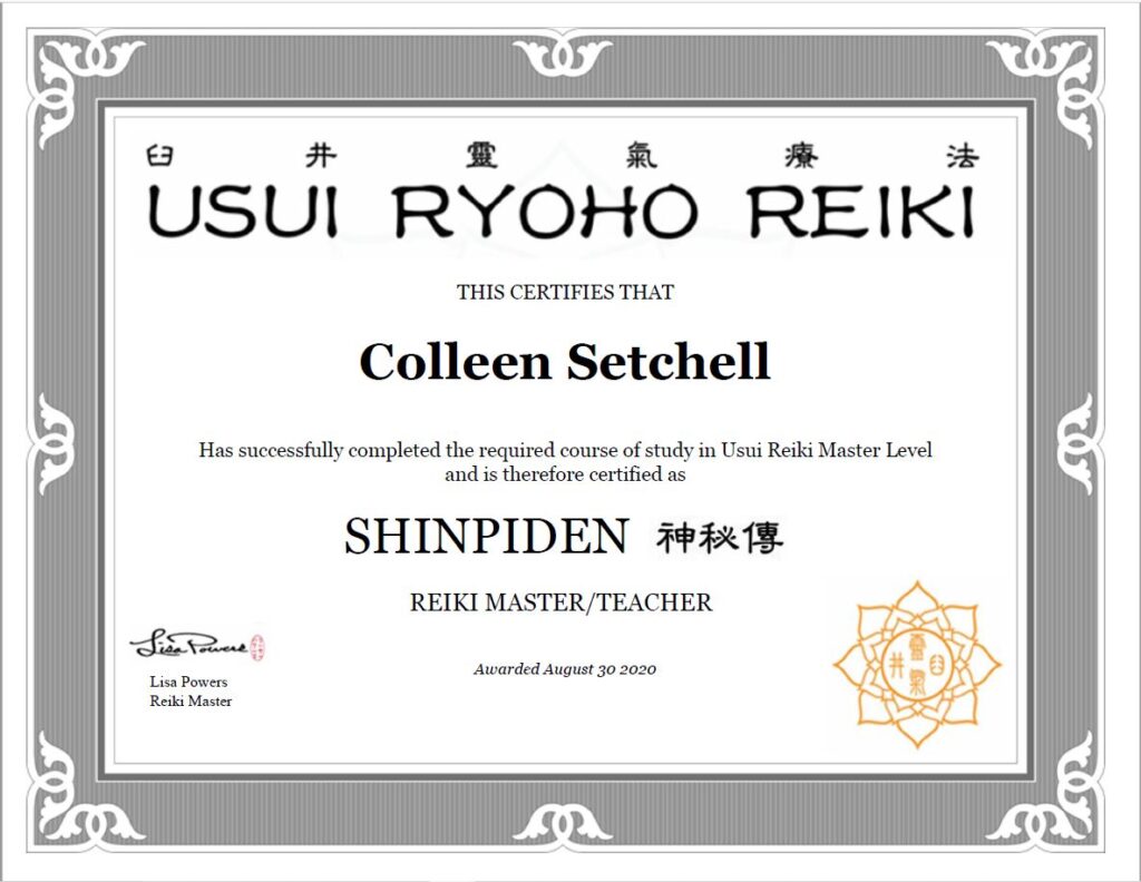 A certificate showing Colleen Kersey as a Reiki Master Teacher