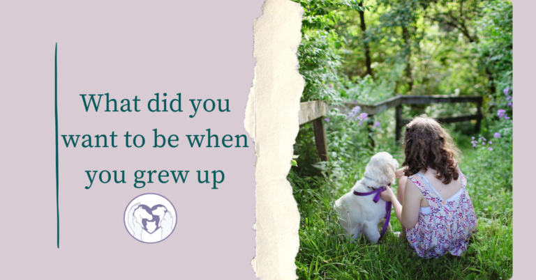 A graphic with a small female child sitting on some grass with a dog, used as a title for a blog post entitled, "What did you want to be when you grew up?"