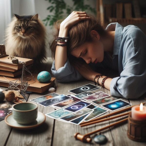 An image of a woman sleeping with tarot cards in front of her.