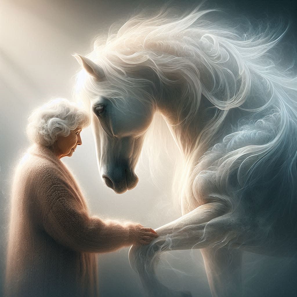 Elderly woman reaches out to touch a large white spirit horse.